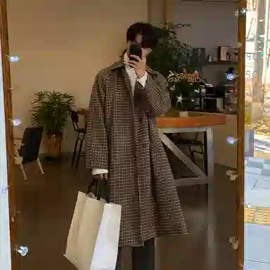 我是大卫 毛呢中长款千鸟格韩版复古休闲大衣 男女同款