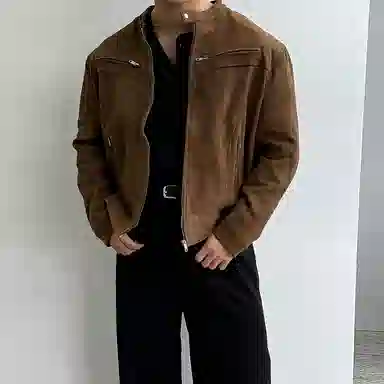 我是大卫 美拉德立领仿麂皮绒重磅复古港风痞帅拉链工装夹克外套 男女同款