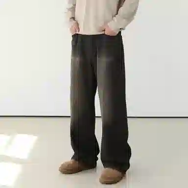 我是大卫 美式复古水洗做旧直裤宽松潮流百搭休闲牛仔裤 男女同款 黑色