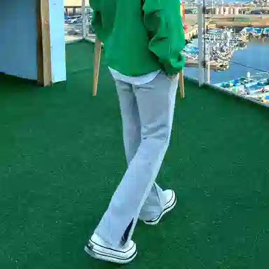 我是大卫 时尚宽松直筒开叉长裤韩版垂感松紧腰抽绳休闲裤 男款 浅灰色