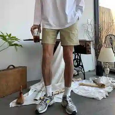 我是大卫 高街纯色直筒宽松百搭五分休闲短裤 男款 浅军绿色