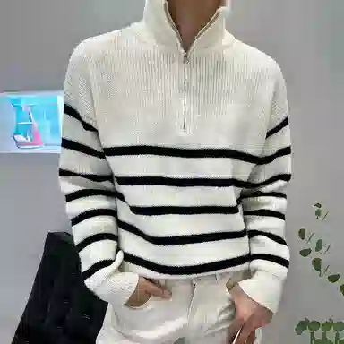 我是大卫 条纹翻领半拉链装饰休闲套头长袖针织衫 男女同款