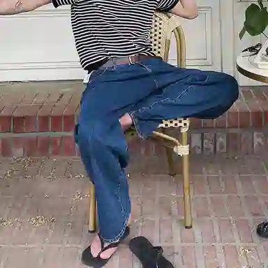 我是大卫 直筒拖地宽松休闲牛仔裤 男女同款 深蓝色