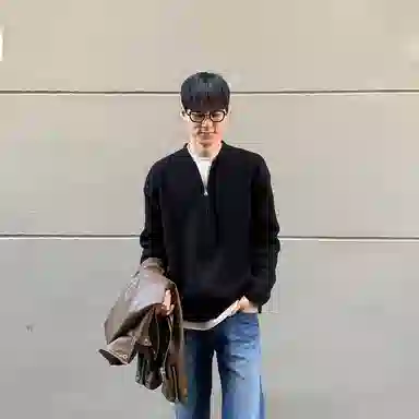 我是大卫 纯色棒球领拉链保暖加厚宽松休闲针织衫 男女同款