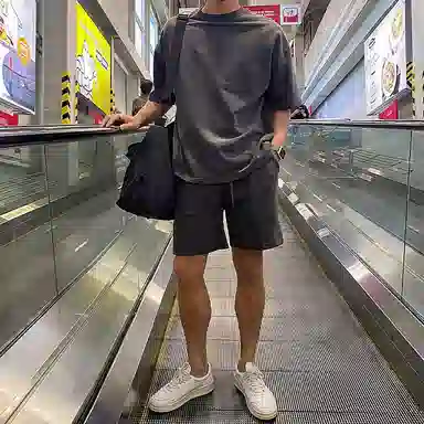 我是大卫 纯色基础百搭抽绳直筒休闲短裤 男女同款 深灰色