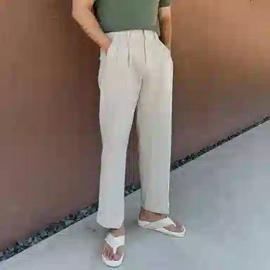 我是大卫 韩版日系双褶皱宽松直筒那不勒斯休闲裤 男女同款 杏色