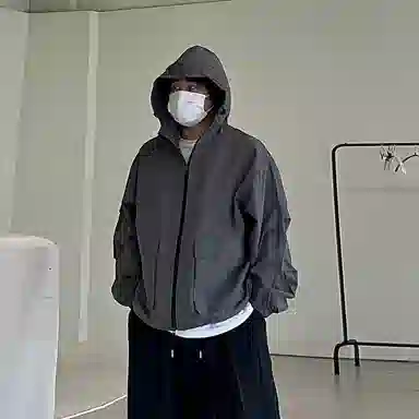 我是大卫 美式运动宽松百搭短款风衣港风工装大口袋连帽夹克外套 通用 深灰色