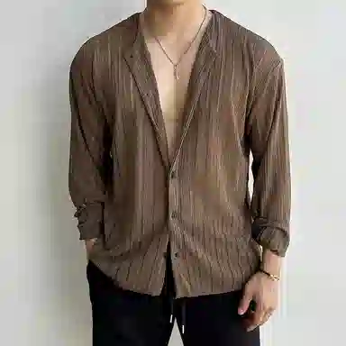 我是大卫 美式复古纯色缕空设计圆领单排扣长袖针织衫 男女同款