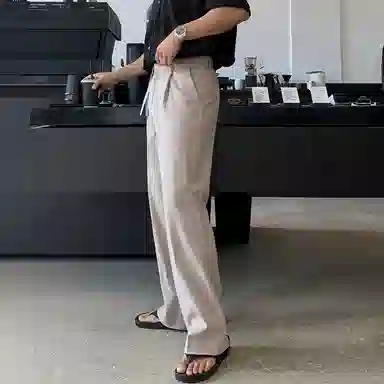 我是大卫 亚麻纯色高腰简约垂感直筒宽松休闲裤 男女同款 深米色