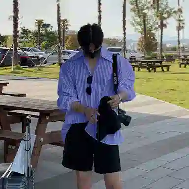 我是大卫 港风复古条纹基础宽松尖领长袖衬衫 男女同款 蓝色条纹