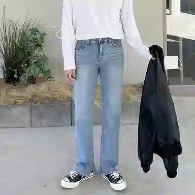 我是大卫 韩系简约百搭直筒宽松舒适牛仔裤 男女同款 浅蓝色