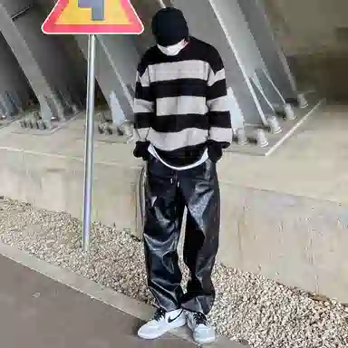 我是大卫 撞色不规则拼接宽松横条条纹落肩套头针织衫 男女同款