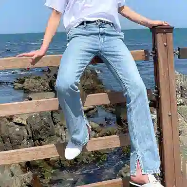 我是大卫 韩版复古直筒宽松百搭水洗牛仔裤 男女同款 浅蓝色