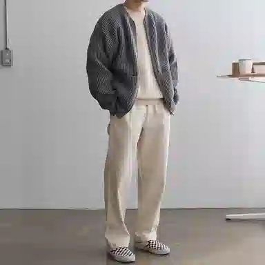 我是大卫 纯色休闲圆领拉链开衫针织衫 男女同款