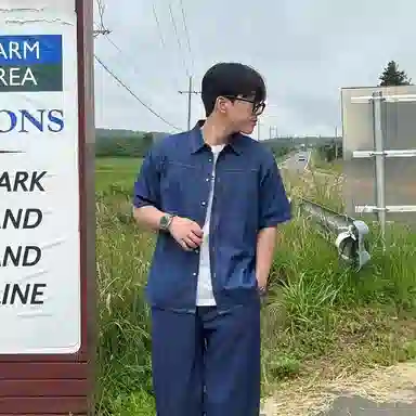 我是大卫 重工车线拼接水洗牛仔短袖衬衣美式复古工装翻领衬衫 通用