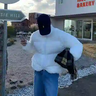 我是大卫 短款立领纯色保暖加厚面包棉服 男女同款 白色