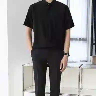 我是大卫 纯色立领复古宽松休闲短袖衬衫 男女同款