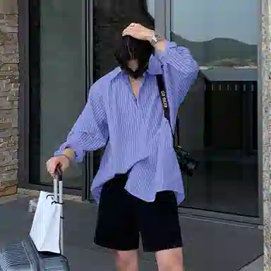 我是大卫 港风复古条纹基础宽松尖领长袖衬衫 男女同款 蓝色条纹