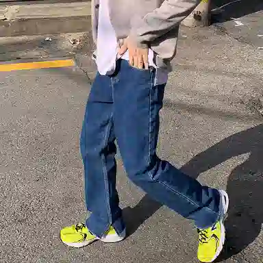 我是大卫 宽松坠感直筒中腰牛仔裤 男女同款 深蓝色