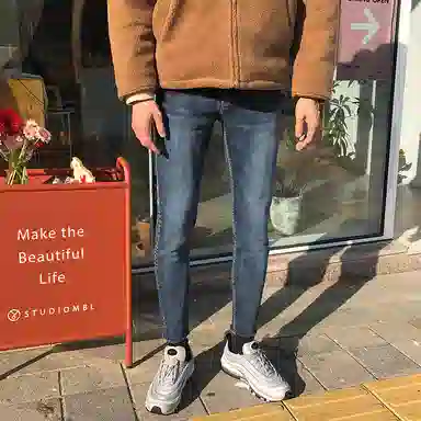 我是大卫 修身直筒中腰拉链牛仔裤 男女同款 蓝色