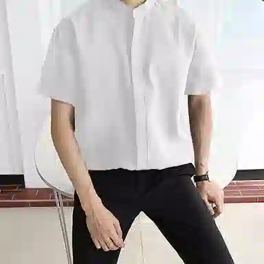 我是大卫 纯色立领复古宽松休闲短袖衬衫 男女同款