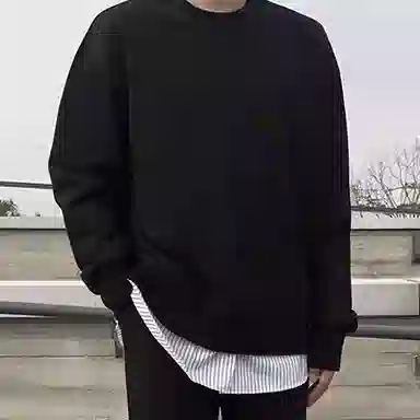 我是大卫 韩版时尚潮流圆领长袖宽松假两件套头卫衣 男女同款 黑色