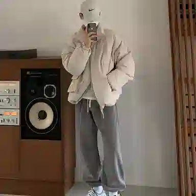 我是大卫 日系简约纯色宽松休闲立领棉服外套 男女同款 米白色