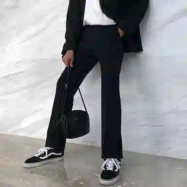 我是大卫 纯色中腰宽松直筒开叉休闲裤 男女同款 黑色