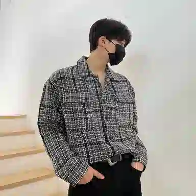 我是大卫 复古小香风编织格子休闲长袖衬衫 男女同款 灰色格子