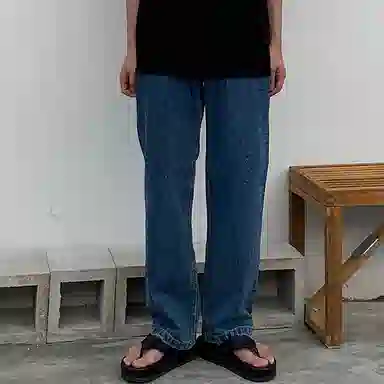 我是大卫 韩版休闲直筒宽松垂感水洗牛仔裤 男女同款 深蓝色