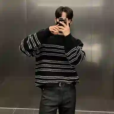 我是大卫 撞色拼接条纹复古休闲宽松基础款韩版针织衫 男女同款