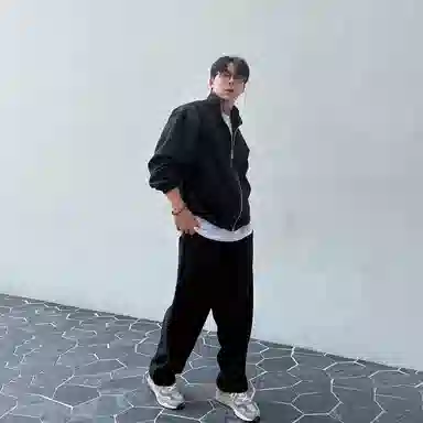 我是大卫 韩版百搭立领纯色休闲两件套美式高街宽松卫衣套装 通用 黑色