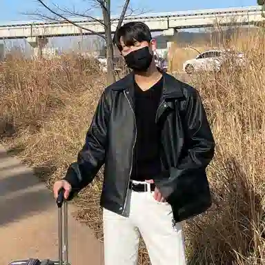 我是大卫 亮面基础款纯色高街翻领皮衣开衫夹克 男女同款 黑色