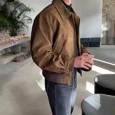 我是大卫 美式复古麂皮绒美拉德短款机车飞行夹克外套 男女同款