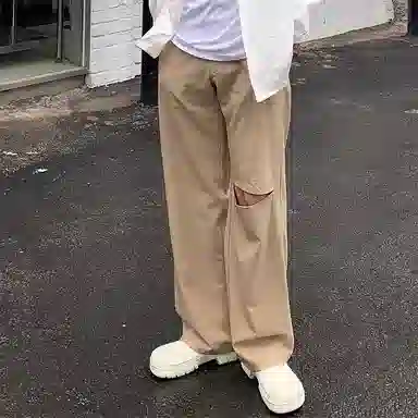 我是大卫 纯色垂坠感拖地破洞设计西装休闲裤 男女同款