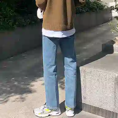 我是大卫 百搭时尚水洗直筒宽松阔腿牛仔裤 男女同款 浅蓝色