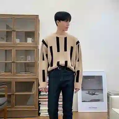 我是大卫 撞色拼接韩版几何图案百搭圆领套头针织衫 男款