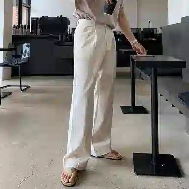 我是大卫 亚麻纯色高腰简约垂感直筒宽松休闲裤 男女同款 深米色