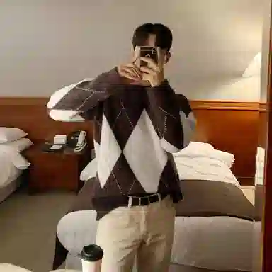 我是大卫 复古菱格基础款棋盘格撞色拼接不规则针织衫 男女同款