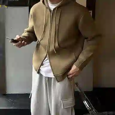 我是大卫 韩系高级感拼接连帽开衫小众设计感毛线针织衫 男女同款