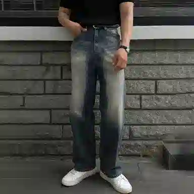 我是大卫 美式复古水洗做旧直筒高街百搭潮牌宽松阔腿牛仔裤 男女同款 深蓝色