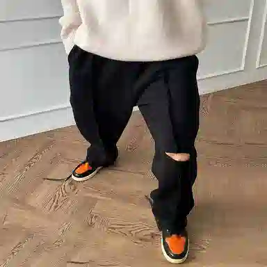 我是大卫 破洞痞帅直筒裤宽松卫裤百搭垂感高街休闲裤 男款 黑色