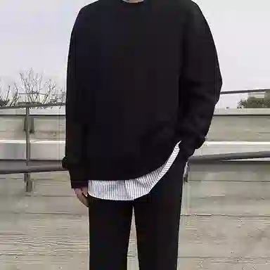 我是大卫 韩版时尚潮流圆领长袖宽松假两件套头卫衣 男女同款 黑色