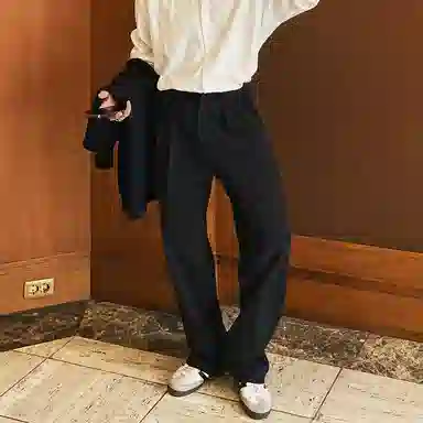 我是大卫 韩系宽松直筒双褶皱中腰商务百搭垂坠高级感休闲裤 男女同款