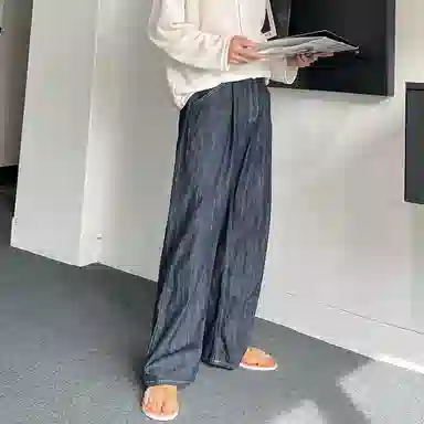 我是大卫 纯色中腰松紧宽松直筒牛仔裤 男女同款 深蓝色