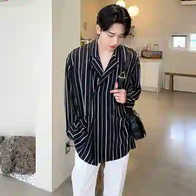 我是大卫 条纹宽松双排扣长袖衬衫 男款