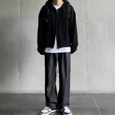 我是大卫 纯色落肩宽松连帽拉链针织衫 男女同款 黑色