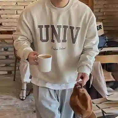 我是大卫 韩系圆领印花套头宽松慵懒感休闲卫衣 男女同款 燕麦色