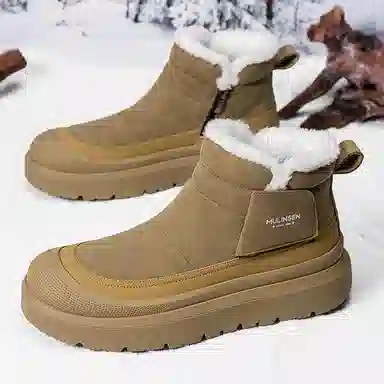 木林森 羊毛雪地战靴 加绒加厚羊绒内里超迁皮面拼接防水挡风温暖舒适保暖锁温御寒包边厚底增高防滑耐磨户外潮流时尚百搭 短靴 男女同款