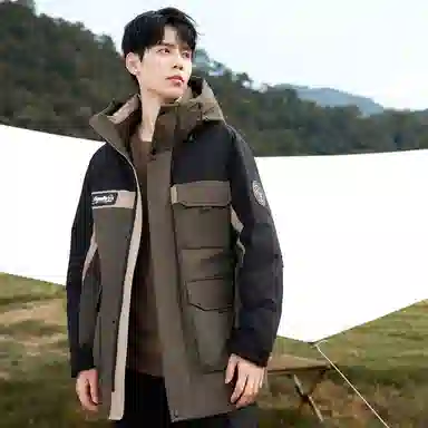 鸭鸭 山系户外风工装多口袋插色拼接立体滴塑休闲宽松连帽套头羽绒服 男女同款